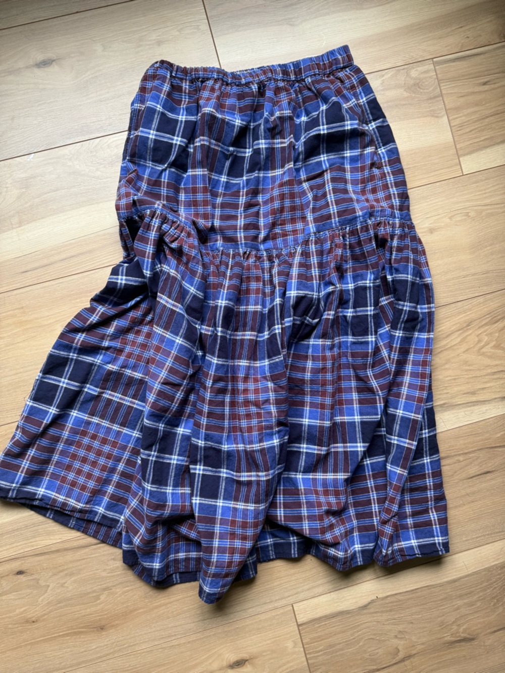 Blue and Brown Plaid Tiered Maxi Skirt